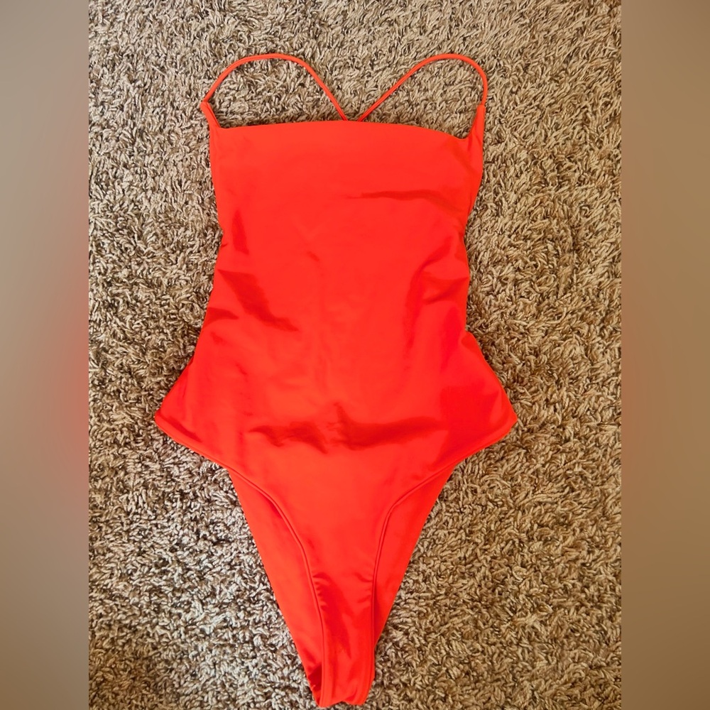 Red Orange One-Piece Swimsuit Square Neck minimal thin strap backless high leg